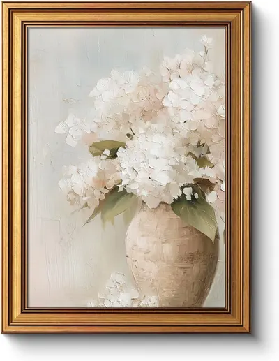 Displays the core sellable product, a framed canvas painting of white hydrangeas in a vase, showing the complete artwork including the decorative gold frame to help shoppers understand exactly what…