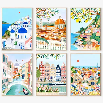 Shows the complete set of six decorative art prints featuring colorful European travel destinations, allowing shoppers to see the full collection and how the pieces coordinate together as a cohesive…