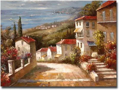 Displays the core product, a decorative canvas painting of a Mediterranean coastal village scene, allowing shoppers to see the artwork's style, colors, and subject matter.