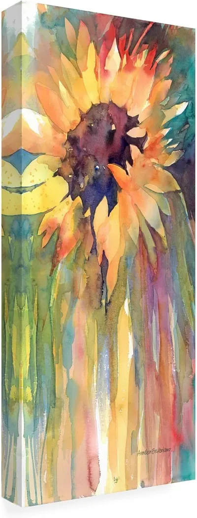 Displays the core sellable product, a watercolor sunflower canvas print, showing the artwork's vibrant colors and artistic style to help shoppers visualize the piece in their space.