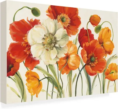 Shows the core sellable product, a canvas wall art print featuring vibrant poppy flowers, displayed at an angle to reveal the gallery-wrapped edges and give shoppers a clear view of what they will…