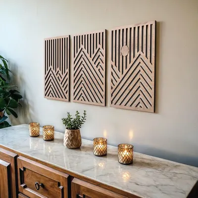 Shows the wooden wall art panels in a styled home environment to help shoppers visualize how the product will look in their own living space and demonstrate its decorative appeal.