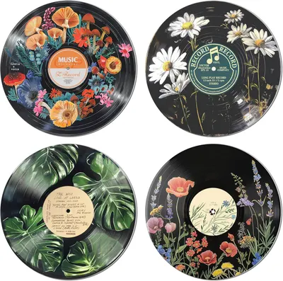 Displays four decorative vinyl records with floral and botanical artwork to showcase the artistic design variations available to shoppers. Shows multiple design variations of the decorative vinyl…