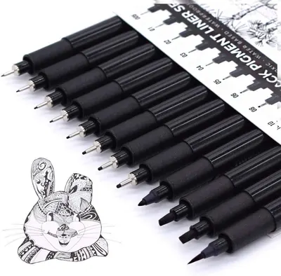 Displays the complete set of black fineliner pens with varying tip sizes to show the range of line widths available for detailed drawing and illustration work. Demonstrates the pens in use by…