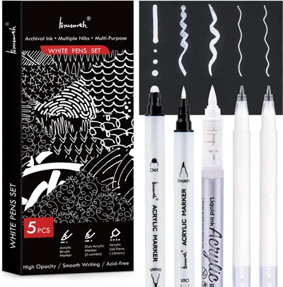 Displays the white pens set with its packaging and the individual pens with different nib types to show the variety and versatility of the product for artists and crafters. Shows the retail…