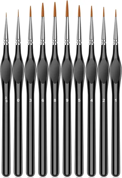 Displays a complete set of detail brushes in graduated sizes to show the buyer the full range of precision tools included for fine art or craft work. Shows all included brush sizes numbered for easy…