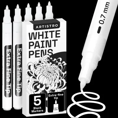 Displays the white paint pens product clearly with packaging and individual pens to show what the customer will receive, emphasizing the extra-fine 0.7mm tip for detailed work. Uses a dramatic black…