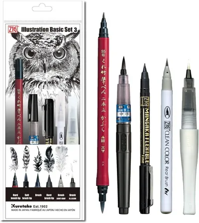 Shows the complete set of illustration pens with different brush and nib types to communicate the variety and versatility of the product for artists and illustrators. Displays the retail packaging…