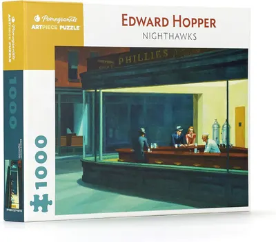Shows the core sellable product—a 1000-piece art puzzle featuring Edward Hopper's Nighthawks painting—clearly displaying both the box and the puzzle image to communicate what the buyer will receive.…