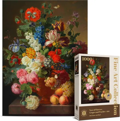 Displays the core product, a 1000-piece jigsaw puzzle featuring a classical floral still life painting, showing both the completed puzzle image and the retail packaging to communicate what the buyer…