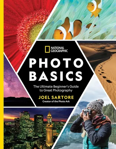 Shows the retail packaging (book cover) of the National Geographic Photo Basics guide to communicate the product's brand, title, and visual appeal to potential buyers.