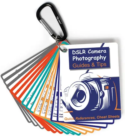 Shows the complete product - a set of colorful photography reference cards attached to a carabiner clip, allowing shoppers to see exactly what they will receive. Demonstrates that the product…