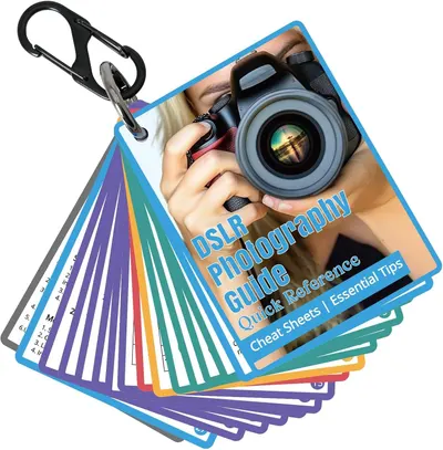 Shows the core product—a set of laminated DSLR photography reference cards with carabiner clip—to communicate what the buyer will receive. Highlights that a carabiner clip accessory is included with…