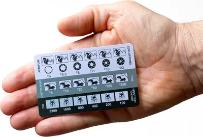 Shows a person holding the camera reference card to demonstrate its compact, pocket-sized scale and portability for photographers in the field. Demonstrates how the card functions as a visual…