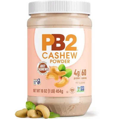 Displays the core product clearly with its jar and label to communicate the brand, flavor, and key nutritional benefits like 4g protein and 60 calories per serving. Adds visual appeal with cashew…