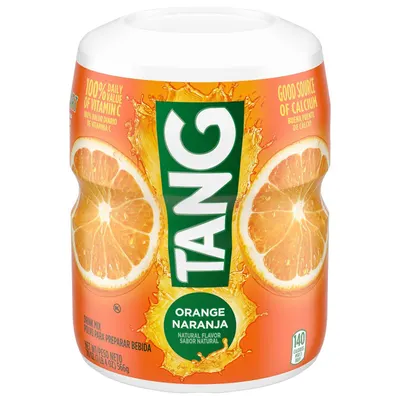 Shows the Tang orange drink mix product clearly on a white background, allowing shoppers to see the packaging design, flavor, and key nutritional claims like vitamin C and calcium content. Displays…