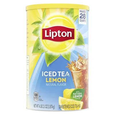 Displays the core product clearly so shoppers can identify the Lipton Iced Tea Lemon flavor mix and its packaging format. Uses visual embellishments like the sunburst rays, splashing iced tea, and…