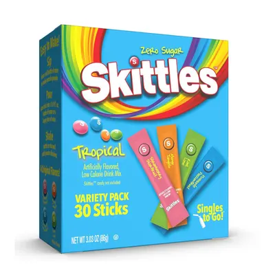 Shows the retail packaging to communicate the product format, quantity, and variety of flavors included, helping shoppers understand exactly what they will receive. Displays the different tropical…