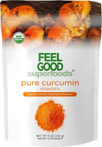 Displays the core product packaging clearly showing the curcumin powder supplement with organic certification and health benefit claim to communicate quality and wellness value to shoppers. Shows…