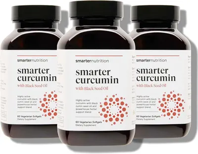 Displays three identical bottles of the curcumin supplement to show the product clearly and communicate that this is a multi-bottle purchase option. Uses drop shadows beneath each bottle to create…