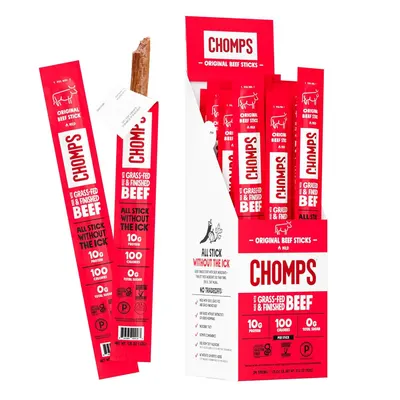 Shows the core product (beef sticks) both individually and in the retail box to communicate what the shopper will receive, including the multi-stick format and packaging. Displays the branded retail…