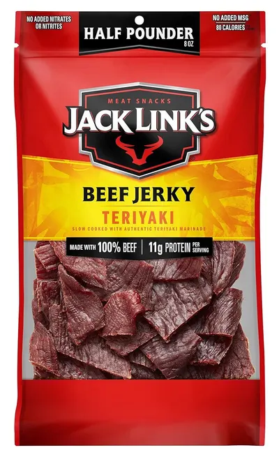 Displays the Jack Link's Teriyaki Beef Jerky package clearly to show the product the shopper will receive, emphasizing the flavor, protein content, and clean ingredients. Shows the actual retail…