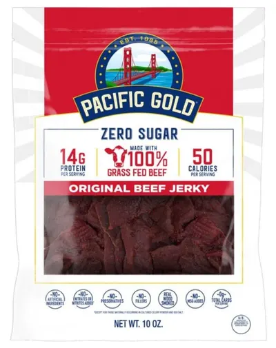 Displays the core product packaging with clear visibility of the beef jerky inside and key nutritional benefits (zero sugar, high protein, grass-fed beef, low calories) to communicate…