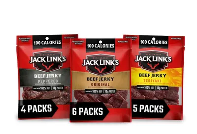 Shows shoppers the different flavor varieties (Peppered, Original, Teriyaki) and pack size options (4, 6, 5 packs) available for selection, helping them choose their preferred option. Displays the…