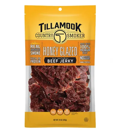 Displays the packaged beef jerky product clearly so shoppers can see the brand, flavor, and product contents through the transparent window, communicating what they will receive. Shows the actual…