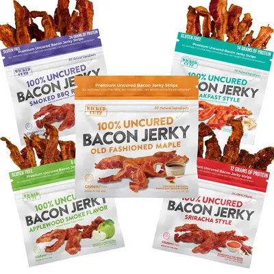 Displays the full range of bacon jerky flavors available to help shoppers understand the variety of options and choose their preferred flavor. Shows multiple distinct flavor variants of the bacon…
