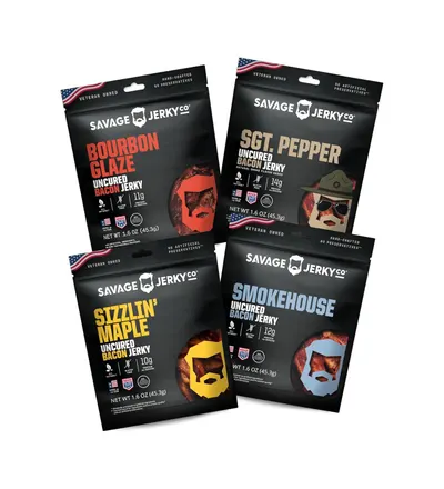 Shows four different flavor variants of the bacon jerky to communicate the variety of choices available to shoppers. Displays the actual retail pouches that buyers will receive, showing the branded…