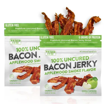 Displays the core product packages and actual bacon jerky strips to show shoppers exactly what they will receive, emphasizing the natural, gluten-free, high-protein snack. Shows the retail packaging…