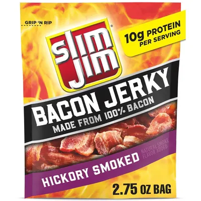 Shows the retail packaging of the Slim Jim bacon jerky product, communicating the flavor, protein content, and convenient resealable grip-and-rip feature to help shoppers identify and understand…