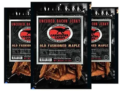 Shows three packages of bacon jerky to communicate the multi-pack offering and allow shoppers to see the product packaging and contents clearly. Displays the retail packaging with clear branding and…