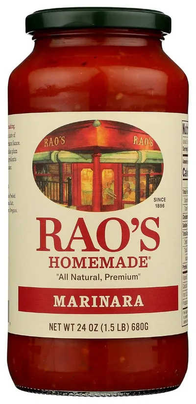 Shows the core sellable product - a jar of Rao's Homemade Marinara sauce - clearly displaying the brand, product type, and contents through the transparent glass jar on a clean white background.…