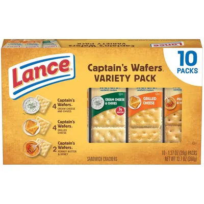 Shows the complete variety pack of Captain's Wafers sandwich crackers in three flavors, communicating the product assortment and multi-pack convenience to shoppers. Displays the retail box packaging…