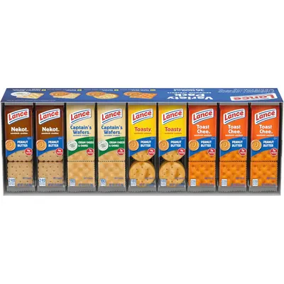 Shows the complete variety pack of Lance sandwich crackers with peanut butter in multiple flavors, allowing shoppers to see all included options in one purchase. Displays the retail box packaging…