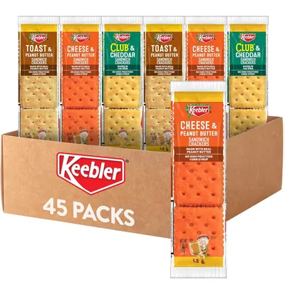 Shows the complete 45-pack variety bundle of Keebler sandwich crackers in their retail packaging, communicating the quantity and flavor variety included in the purchase. Displays the three different…