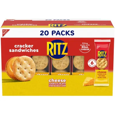 Shows the core sellable product, a 20-pack box of Ritz cheese cracker sandwiches, clearly displaying the packaging, product imagery, and key details like quantity and flavor to help shoppers…