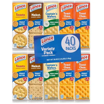 Displays the variety pack of Lance sandwich crackers showing all included flavor options (Toasty, Nekot, Captain's Wafers, Toast Chee) to communicate the assortment and value of 40 individual packs.…