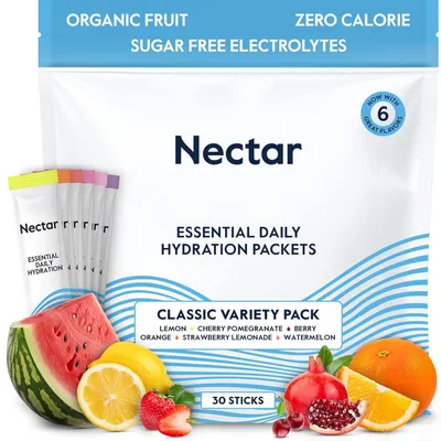 Displays the Nectar hydration packet product in its retail packaging, showing the variety pack with multiple flavor options and key product benefits to help shoppers understand what they are…
