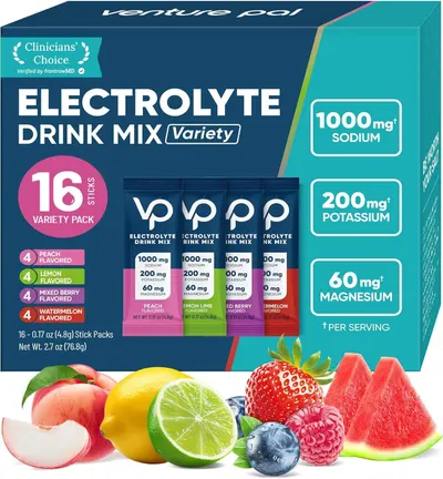 Displays the core product packaging and individual stick packs to show shoppers exactly what they will receive in this 16-pack variety bundle. Uses fresh fruit imagery at the bottom to visually…
