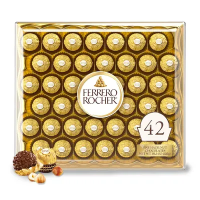 Shows the full 42-count box of Ferrero Rocher chocolates in their signature gold foil wrappers, clearly displaying the quantity and premium packaging to communicate value and gift-worthiness.…