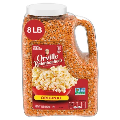 Shows the core product in its retail container to communicate the large 8 LB quantity and the brand identity of Orville Redenbacher's Original popping corn. Displays the physical retail packaging…