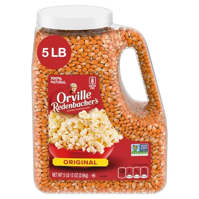 Shows the core product clearly - a large 5 LB container of Orville Redenbacher's Original popping corn with visible kernels and branding, allowing shoppers to see exactly what they are purchasing.…