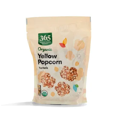 Displays the core sellable product in its retail packaging to show shoppers exactly what they will receive, emphasizing the organic nature and clear visibility of the popcorn kernels through the…