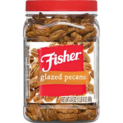 Shows the core product—a jar of Fisher glazed pecans—clearly displaying both the packaging label and the visible product inside to help shoppers understand exactly what they are purchasing. Displays…