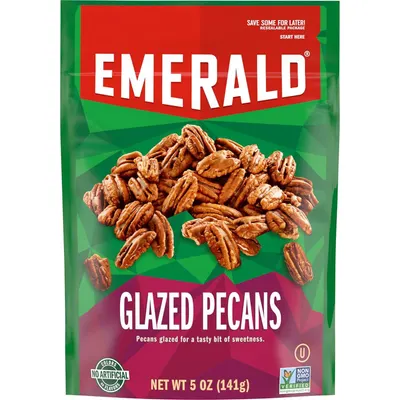 Shows the core product packaging with clear branding and product visibility to help shoppers identify the Emerald Glazed Pecans and understand what they are purchasing. Displays the retail packaging…