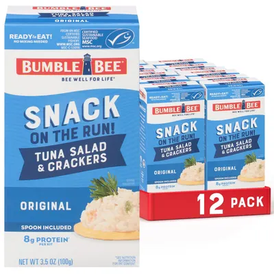Shows the core product—a 12-pack of Bumble Bee Tuna Salad & Crackers snack kits—clearly displayed with both individual box detail and the full multi-pack quantity to communicate value and…