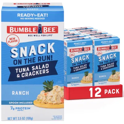 Shows the core product packaging for a 12-pack of Bumble Bee tuna salad snack kits, communicating the quantity and convenience of the ready-to-eat format with included crackers and spoon. Displays…